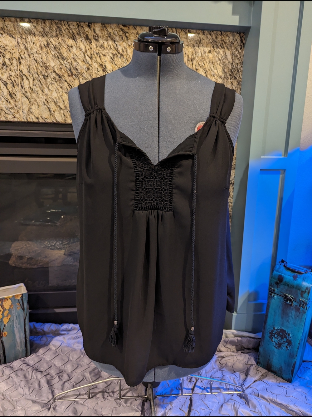 DR2 Black Sleeveless Smocked Tank with Tassel Ties - L